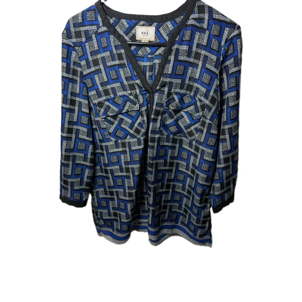 ECI Blouse Shirt Top Blue Black Geometric Pockets Career Work Women's Size Small